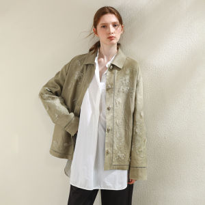 Miccbeirn | Pure Hanflax Short Embroidered Jacket Sparkling Sequins Womens Fashion Retro Style Floral Pattern Button Closure Long Sleeve Top