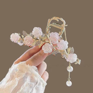 Elegant Rose Pearls Tassel Grabber 4.5Inch Large Size Metal Shark Clip Spring and Summer Super Fairy Women Back Head Headwear