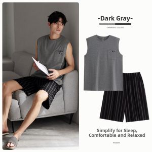 JIALEFEN | Cotton Sleeveless Vest Shorts Mens Pajama Set