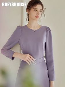 Đầm tím cổ tròn tay dài dáng đuôi cá công sở