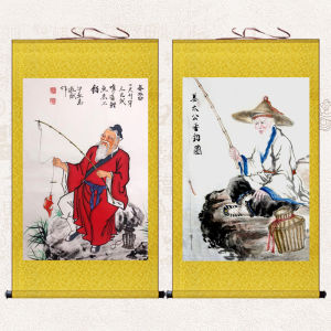 New Chinese Style Silk Scroll Painting Portrait of Jiang Taigong Fishing Decorative Artwork for Study Room Living Room Fishing Tackle Shop
