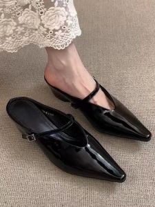 Genuine Leather Half Slippers Womens Outdoor Wear 2025 New Pointed Toe Thick Heel Soft Bottom French High Heel Sandals