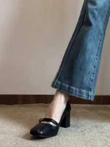 Mary Jane High Heels Womens Chunky Heel Black Leather Slip-On Single Shoes Spring Autumn Korean Style T-Band Flat Sandals