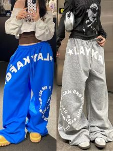 American Street Style Retro Letter Print Sweatpants Womens Loose Straight Leg Floor-Length Dancing Pants High Waist Polyester Fiber