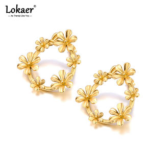 Lokaer Fashion Stainless Steel Flower Stud Earrings 18K Gold Plated Prevent Allergy Exquisite Jewelry For Women aretes E24134