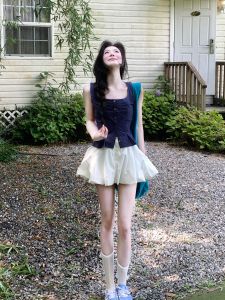 VKSOD | Sweet Style Pleated Sleeveless Strap Vest Womens High Waist Slimming White Bloom Skirt Two-Piece Set Summer Commute Fashion