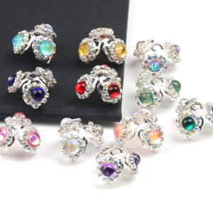5pcs/10pcs Hollow Flower Spacer Bead With Acrylic Cats Eye Stone Bead Flower Shape End Beads Cap Bead For Jewelry Making