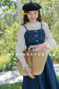French Strap Dress Womens Spring & Fall New Blue Color Petite Skirt Two-piece Set Dress Retro Denim Suspender Dress