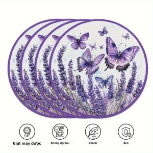 Bộ Thảm Trải Bàn Hình Bướm Hoa Oải Hương VIKAMA 4PC Màu Tím Viền Polyester Trang Trí Bàn Ăn Dễ Dàng Chăm Sóc Màu Sắc Bền Đẹp Cho Các Bữa Tiệc Trà Chiều