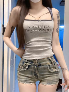 Áo Vest Không Tay American Retro Hot Bé Gái Letter Print Slim Fit Summer Womens Innerwear Outerwear Versatile Short Sleeve Top
