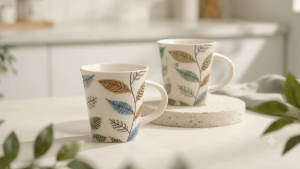 Damda Premium Ceramic Mug 350ml Nordic Leaf Pattern Design Aesthetic Home Cafe Decor Gift