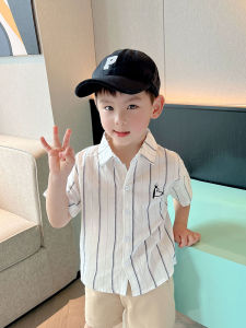 เสื้อเชิ้ตคอโปโลแขนสั้นลายทางสำหรับเด็กชาย ผ้าฝ้าย สไตล์ลำลอง ฤดูร้อน แขนสั้น คอตั้ง เสื้อเชิ้ตผู้ชาย