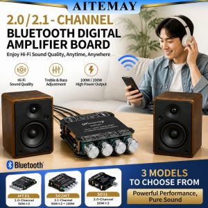 Aitemay MT21 Car Audio Amplifier 2.1 CH 100W*2 + Subwoofer 100W Bluetooth 5.1 AUX USB APP Control Smart EQ Speaker System 12/24V with 5-Layer Protection