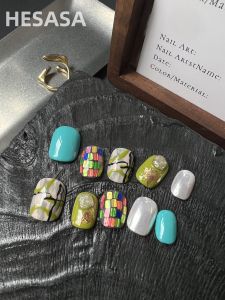 HESASA Pure Handmade Wearable Nail Art Glass Element Short Colorful Floral Design False Nails Bright Color Series from China