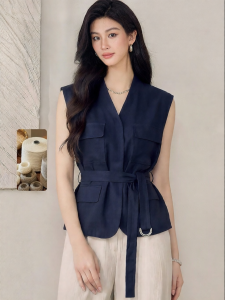 Roey s house | Business Casual Blue Linen Sleeveless Vest