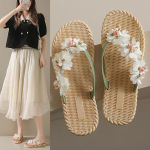 Princess Style Floral Print Sandals Womens Summer Outdoor Slip-On Thong Slippers Anti-Slip Beach Shoes Flat Heel PVC Material