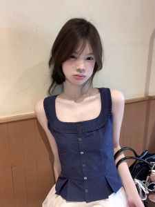 Áo Vest Nữ Mùa Hè Thiết Kế Ôm Eo Xếp Ly Cổ Vuông Viền Gỗ Áo Chui Đầu Thường Ngày Áo Chui Đầu Áo Vest