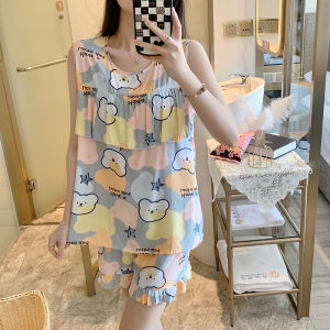 Ultra-Thin Cotton Silk Sleepwear Womens Summer No-Need-To-Wear Bralette Shorts Set Sleeveless Print Home Clothes for Mom