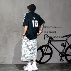 Oversize American High Street Three Bars Splicing Loose Short Sleeve T-Shirt for Men Breathable Cotton Polyester Blend Summer Fashion Casual Top