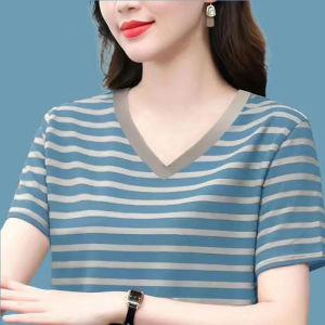 QIAOXIZI | Plus Size Slimming Short Sleeve T-shirt with V-neck and Stripe Pattern