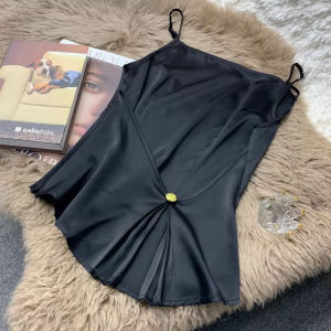 chaqi | Elegant French Style Sleeveless Strap Vest Womens Fashionable Design Sensation Waist Cinched Top Short Length Zipper Closure