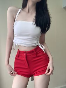 Quần Short Bó Sát Màu Đỏ Siêu Ngắn Cho Nữ Mùa Xuân Hè Phong Cách Mới Cạp Thấp Quần Ống Đứng Mỏng Dáng Chữ a Quần Bó
