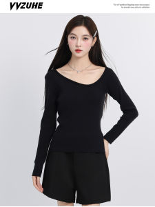 Slim Fit Long Sleeve Black T-Shirt Womens Neck Hanging Sash Autumn Fashionable Versatile Base Shirt Top City Walk Girl