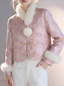 QINGNAER | Elegant New Chinese Style Pink Jacquard Faux Fur Collar Womens Top