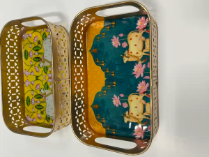 Pichwai Printed Decorative Metal Tray | Lightweight Festive Home & Pooja Décor | Budget & Return Gift | Pack of 1 Pc (Size - 22x14x6 cm)