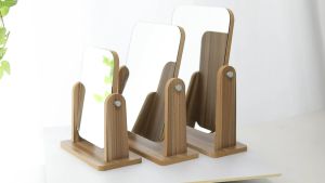 Wooden Desk Mirror 360 Degree Swivel Mirror Single-Sided Makeup Table Mirror Portable Removable Countertop Private Room High-Definition Make Up Mirror