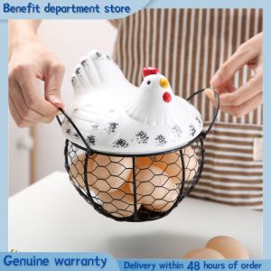 Metal Wire Egg Basket With Ceramic Farm Chicken Cover Fruit Basket Egg Holder Decorative Kitchen Storage Baskets Perfect