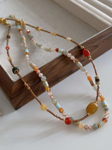 New 2025 Fashion Tang Dynasty Natural Stone Necklace for Women Ethnic Style Lockbone Chain Light Luxury Sensation Alloy Material