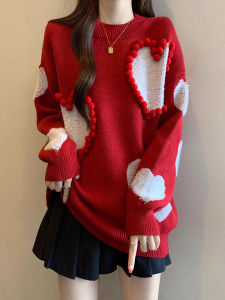 Unique Red Heart Sweater Womens plus Size Christmas New Years Mid-Length Knitted Shirt Commute Style Loose Fit Long Sleeve