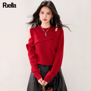 Puella | Hollow-out Design Knitwear Red Long Sleeve Off-shoulder Top