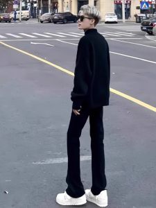 กางเกงยีนส์ทรงตรงชายเอวกลางทรงหลวมผ้าฝ้ายผสมสแปนเด็กซ์ฤดูใบไม้ผลิและฤดูใบไม้ร่วงสีดำบริสุทธิ์