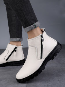 Zippered Chelsea Boots for Men Top Layer Cowhide Leather Martin Warm Winter Shoes High Heel Korean Style Trendy Footwear