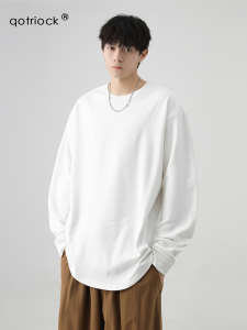 เสื้อยืดคอกลมแขนยาวผ้าฝ้ายแท้ QOTRIOCK ทรงหลวมสบาย ๆ สำหรับฤดูใบไม้ผลิและฤดูใบไม้ร่วง แฟชั่นลำลองสำหรับทั้งชายและหญิง
