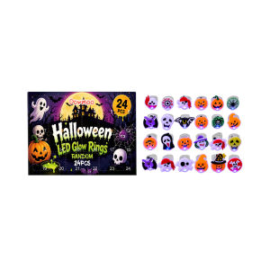 24pcs Halloween Led Light‑Up Rings Trick‑Or‑Treat Kids Party Decor Child Gifts Random Spooky Patterns Flashing Finger Rings Toys