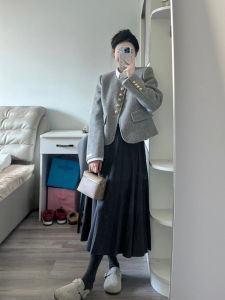 Ladies Large Size Korean Style Single Button Woolen Coat Spring High Waist Pleated Mini Skirt Set Fashionable Elegant Ensemble