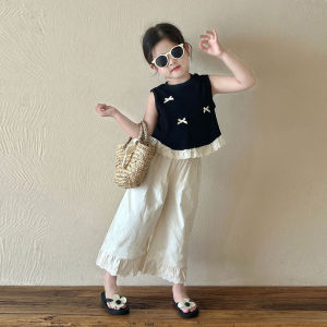 Humor Bear Summer Girls Suits Cool And Comfortable Lace Hem Tank Bow Trim Top+Pants 2 Piece Set Cute Kids Clothing Sets