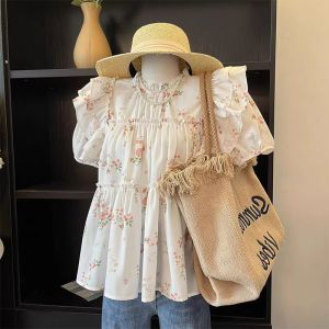 Áo Sơ Mi Nữ Họa Tiết Hoa Tay Ngắn Mùa Hè Cổ Tròn Tay Lỡ Thiết Kế Ghép Nối Áo Ngắn Thanh Lịch Thời Trang Nữ