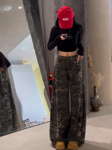 American High Street ลายพราง สูง เอว ขากว้าง เดนิม กางเกง ผู้หญิง ฤดูใบไม้ร่วง ฤดูหนาว ใหม่ หลวม Slim Drape ความยาวพื้นตรง กางเกงยีนส์