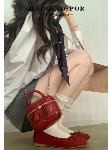 Red Ballet Flats Womens Wide Fit Comfortable Flat Bottom Butterfly Knot Large Size Shoes Increased Height Inner Design for Young Women