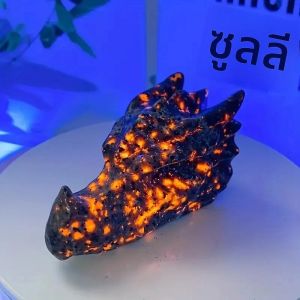 1 ชิ้น - หัวมังกรหินเปลวไฟปฏิกิริยา - ภายใต้แสง ตกแต่งแบบกอธิค/โบฮีเมียนขัดด้วยมือ รูปปั้นมังกรสีส้ม-เทา