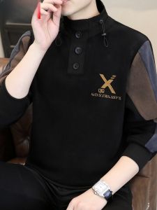 HENGYUANXIANG | เสื้อสเวตเตอร์คอปกสูงบุขนแกะหนาสำหรับผู้ชาย เสื้อยืดแขนยาว ทรงหลวม สไตล์ลำลอง แฟชั่นฤดูหนาว โพลีเอสเตอร์ 100%
