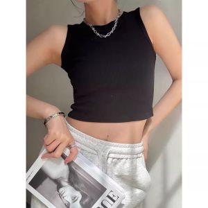 เสื้อกั๊กสั้นคอตั้งสไตล์ย้อนยุคสำหรับผู้หญิงในฤดูร้อน แขนกุด ดีไซน์เปิดหน้าท้อง เสื้อชั้นในแบบมีโครง ทรงเข้ารูป