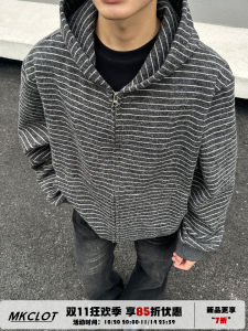 MKCLOT 2025 Early Autumn American Style Hooded Open Cardigan Striped Sweatshirt Mens Womens Cleanfit Short Coat