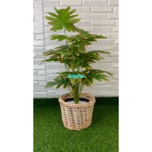 Pohon Hias Tanaman Plastik Monstera Jari Philo Orange X18 Semilatex Cover Pot Rotan Bulat Dekorasi Ruang Kantor