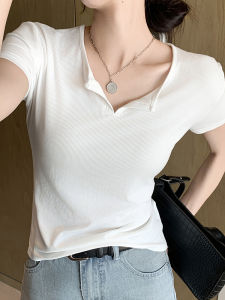 Slim Fit Short Sleeve T-Shirt Womens Summer New Style Casual Versatile Short Length Top Half Open Collar Korean Style Pure Color