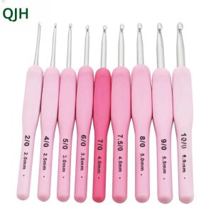 ชุดตะขอถักโครเชต์9ชิ้นด้ามทำจากซิลิโคนเข็มถักอลูมิเนียมงานถักนิตติ้งเสื้อกันหนาวแบบถักด้วยมือผ้าห่ม